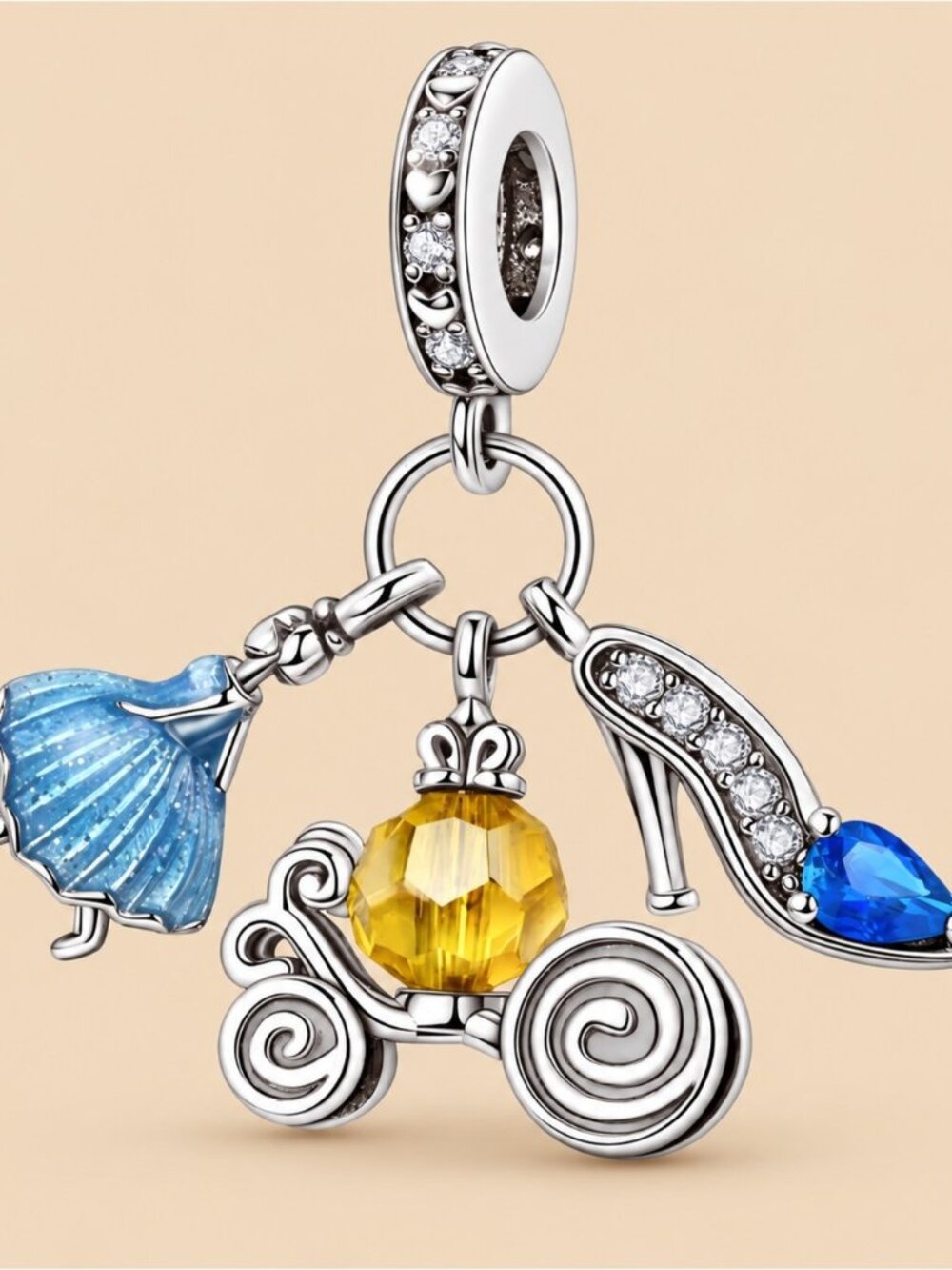 Sterling Silver Fairy Tale Carriage Charm with Blue and Yellow Crystals